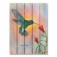 a painting of a hummingbird flying over flowers on a wooden fence with the sun in the background