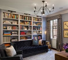 a living room filled with furniture and bookshelves full of bookcases next to a window