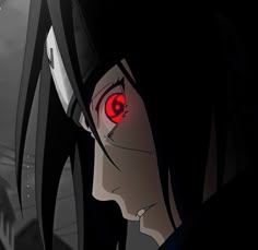 an anime character with red eyes and black hair looking at something in the dark sky