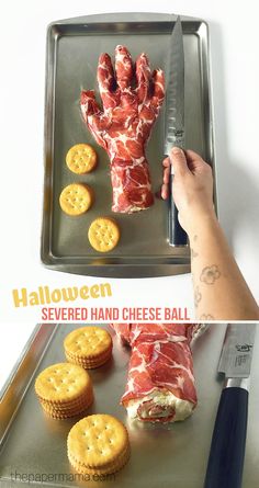 Severed Hand Cheese Ball Recipe - Halloween Appetizer Halloween Appetizers Cheese Ball, Halloween Food For Party Buffet, Frankenstein Cheese Ball, Halloween Meat And Cheese Hand, Procuitto Hand Halloween, Halloween Vegetable Tray Ideas, Cheese Ball Recipes Halloween, Severed Hand Cheese Ball, Cheese Hand Halloween