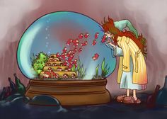 a woman looking into a fish bowl with lots of goldfish in it and butterflies flying around