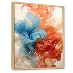 an abstract painting with blue, red and orange colors on a white background framed in wood