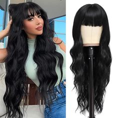 PRICES MAY VARY. 【Premium Synthetic Wig】 BARSDAR Long Wavy Wigs are made of high-quality fiber-resistant material for a natural, thick and fluffy look. Soft to the touch, not easy to fall off and tangle, no odor, and won't hurt the skin. 【Cap and Size】High quality rose mesh cap mesh cap is durable, breathable and comfortable, you can't see any cap or weft underneath after wearing it, it won't make you feel uncomfortable even if you wear it all day, comes with adjustable shoulder straps , fits mo Rich Girl Hair, Brown Hair With Lowlights, Wavy Wig With Bangs, Wavy Bangs, Long Wavy Wig, Bangs Wig, Wavy Wigs, Halloween Wigs, Wavy Wig