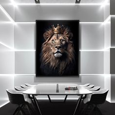 a dining room table with chairs and a painting on the wall above it that has a lion's head