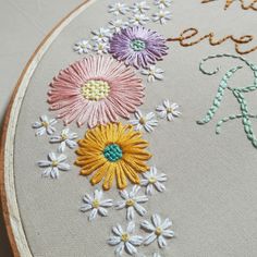 a close up of a embroidery on a piece of cloth with flowers in the center