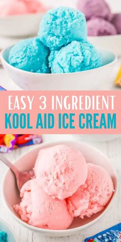 easy 3 ingredient kool aid ice cream in a white bowl with pink and blue scoops