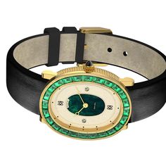 Radiating sophistication, this watch boasts an elliptical silhouette adorned with a circle of enchanting green Trapezoid Cut laboratory-grown gemstones, framed by a luxurious gold-plated stainless steel case. Paired with a black vertical-striped leather strap, its dial captures attention with two sparkling laboratory-g Greenery Crown, Couple Watch, Pattern Case, Green Marble, Leather Watch Bands, A Circle, Marble Pattern, Diamond Watch, Vertical Stripes