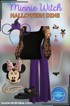 a woman wearing purple pants and black top with mickey mouse ears on her head, in front of a poster that says minnie witch halloween dine