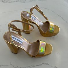 Steve Madden Gold Platform Open Toe Size 6.5 Original Box Included Never Worn! Gold Block Heel Heels With Branded Insole, Platform Dress Shoes, Steve Madden Platform Sandals, Steve Madden Platform, Gold Platforms, Steve Madden Heels, Espadrilles Style, Platform Wedge Heels, Espadrilles Platform