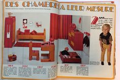 an open book with pictures of children's bedroom furniture and accessories in french language