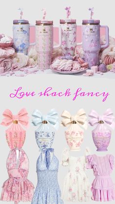 several different types of dresses and accessories on display with the words love back fancy written in pink