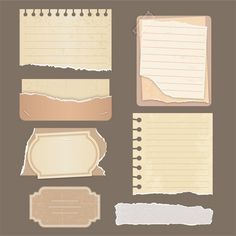 several pieces of paper with torn edges and blank notes attached to each other, on a brown background