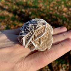 someone is holding something in their hand with some frost on it's surface and grass behind them