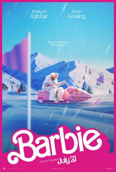 the poster for barbie's upcoming movie, barbie is riding on a pink sleigh