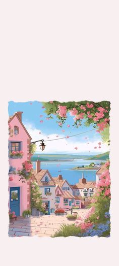 a painting of a pink house with flowers on the outside and water in the background