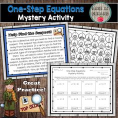 two worksheets for the one - step equatations mystery activity with pictures and