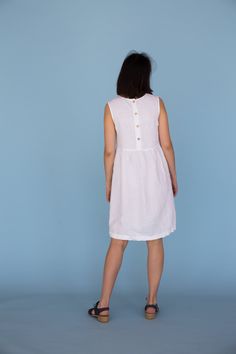 "MsWrinkle's clothing - from human to human. 100% handmade. *Description* - Sleeveless smock/maternity dress with pockets and buttons on back ; - High quality European linen; - Washed and softened (doesn't shrink anymore); - Medium weight linen (150 g/m2); - Our linen is OEKO-TEX certified that meets human ecological safety requirements; - Model is wearing size S in white color (other sizes and colors please choose on the right); - Slightly transparent; - Not ironed and we suggest to use tumble Cotton Day Dress With Button Back, Cotton Daywear Dress With Button Back, Summer Maternity Dress For Daywear, Summer Linen Button Dress, Summer Linen Dress With Buttons, Sleeveless Cotton Dress With Button Back, Sleeveless Cotton Maternity Dress, Sleeveless Linen Dress With Buttons For Daywear, White Sleeveless Linen Dress With Pockets