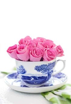 pink roses in a blue and white teacup