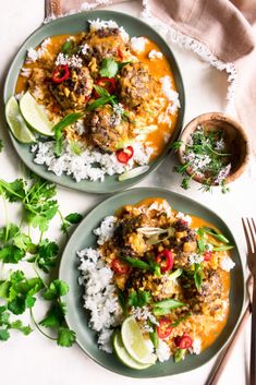 two plates with meatballs, rice and cilantro garnish on them