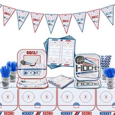 an ice hockey themed party table set up