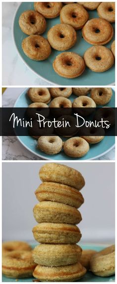 several different types of doughnuts stacked on top of each other with the words, mini protein donuts