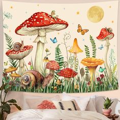 a wall hanging with mushrooms and butterflies on it