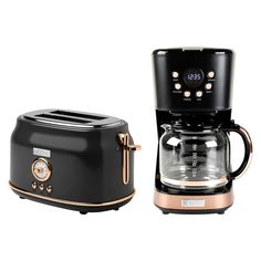 two different types of toasters and coffee makers are shown in this image, one is black and the other has gold trimmings