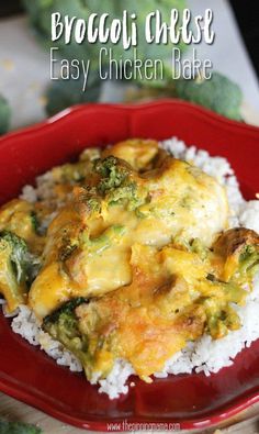 a red plate topped with rice and broccoli covered in cheese on top of it