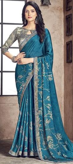 Blue color Saree in Georgette fabric with Digital Print, Lace work Elegant Blue Fabric For Festive Occasion, Elegant Blue Fabric For Festive Season, Elegant Festive Blue Fabric, Blue Color Saree, Party Wear Saree, Wear Saree, Georgette Fabric, Party Wear Sarees, Blouse Length