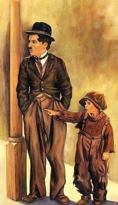 a painting of a man standing next to a little boy wearing a hat and coat