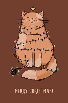 a christmas card with a cat sitting on the ground and lights strung all around it