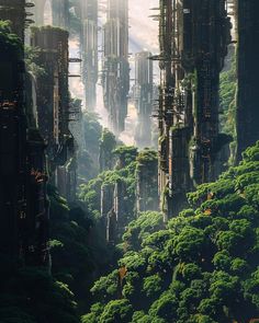 an artist's rendering of a futuristic city surrounded by trees in the middle of a forest