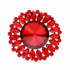 "Stunning round red crystal brooch jewelry embellishment, which can be used for your DIY project - wedding, brooch bouquet, evening gown dress accessory, ring pillow, cake and frame decorations, event decor, jewelry gift, crafts, scrap booking and much more.  Size: 1 3/4\"H x 1 3/4\"W Stones color: red Metal: gold plated This red rhinestone broach can be ordered with pin in the back to wire into brooch bouquet, add to wedding gown or dress sash, or any number of other craft projects or without the pin as a flat back embellishment for your sew-on, glue-on DIY project. More RED brooches - https://www.etsy.com/shop/Crystalitzy?section_id=19893739 Please note that this crystal rhinestone embellishment has flat backing, it is suitable only for your sew-on or glue-on DIY project however if you p Luxury Red Brooches For Formal Occasions, Red Rhinestone Brooches For Gifts, Elegant Red Brooch Pins, Red Round Brooch Jewelry, Holiday Red Brooch Jewelry, Pillow Cake, Brooch Dress, Gift Crafts, Evening Gown Dresses