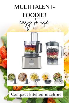 an advertisement for the multi - foodie easy to use compact kitchen machine is shown