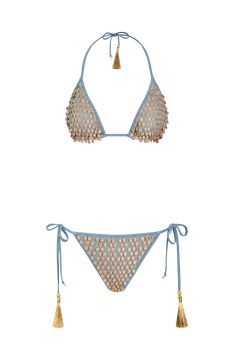 Triangle bikini with gold pompoms and removable padding All our swimwear is made for both pools & the ocean Golden signature ring and bead detailing - do you know the story? Irina is 173cm / 5'8" and wears S top & bottom Ethically made in Portugal Blue Pom Pom, Rave Fits, Signature Ring, Swimsuit Brands, Swimming Swimsuit, Silk Set, Luxury Swimwear, Cute Bathing Suits, Summer Lookbook