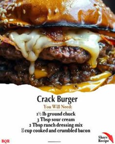 an advertisement for a burger with cheese and meat