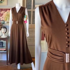 "Deadstock 1970's Leslie Fay soft poly maxi dress in a lovely chocolate brown. V neck bodice with fabric covered buttons, wide cummerbund style belt with a beautiful rhinestone accented buckle. Back zipper closure, tags attached and comes with a bag of extra buttons. Excellent vintage condition. Marked a size 10 Bust 38\" Waist 26\" Hips 44\" Bodice 16\" Length 58\" Belt 29\" Please go by measurements to ensure the proper fit. Measurements are taken with the garment lying flat then doubled. Plea Fitted Brown Dress With Belt, Formal Brown Maxi Dress With V-neck, Formal Brown V-neck Maxi Dress, Fitted Vintage Brown Maxi Dress, Ossie Clark, Business Chic, Lois Lane, Rhinestone Belt, Mood Board Fashion