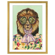 a painting of a lion wearing glasses and a shirt with flowers on it's chest