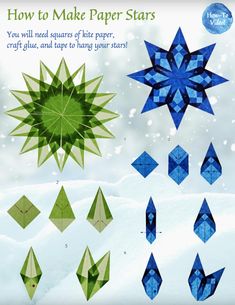 how to make paper stars that are blue and green in the snow with text below