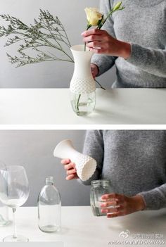 two pictures showing how to make a vase with flowers in it and the same vase being used as a vase