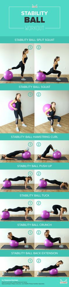 a woman doing yoga poses with an exercise ball in front of her and the instructions below