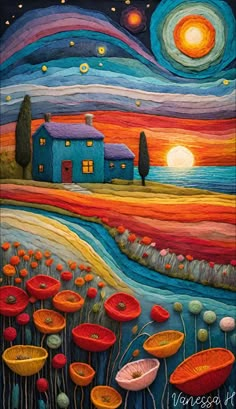 a painting with flowers and houses in the background at night, painted by an artist using acrylic paint