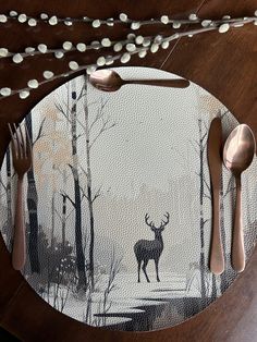 a place setting with silverware, forks and spoons on a wooden table in the woods