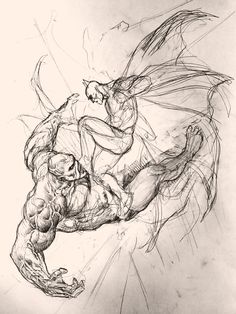 a pencil drawing of a man being chased by a demon