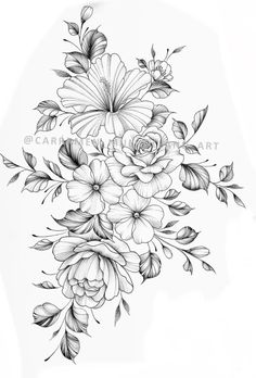 a black and white drawing of flowers