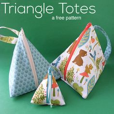 two triangle shaped bags sitting next to each other on top of a green background with the title triangle totes