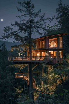 a tree house in the woods at night