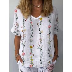 Fabric:Polyester; Sleeve Length:Short Sleeve; Look After Me:Washable,Machine wash; Gender:Women's; Size Suggestion:standard size, select your usual size; Style:Casual; Elasticity:Inelastic; Tops Type:Shirt,Blouse; Occasion:Casual,Daily,Holiday; Top Length:Regular; Fit Type:Loose; Pattern:Floral; Design:Print,Patchwork; Neckline:V Neck; Front page:FF; Listing Date:07/08/2022; Production mode:Self-produce; Bust:; Length:; Print Type:3D Print Floral Tunic Tops, Mode Casual, Floral Tunic, Linnet, Plus Size Kleidung, Loose Blouse, Floral Print Blouses, Floral Print Shorts, Women Shirts Blouse