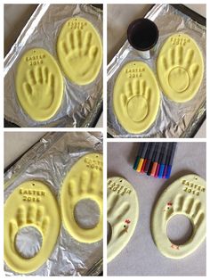 four pictures show how to make handprints out of cake icing and colored crayons