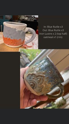 a hand holding a coffee cup that has been painted with orange and white paint on it